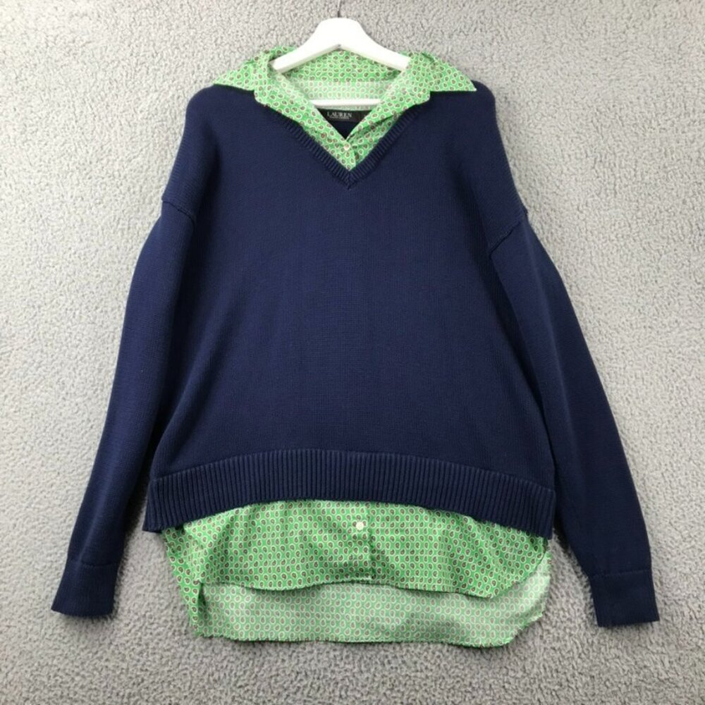 LAUREN Ralph Lauren Womens LARGE Blue w/ Paisley Layered Sweater Black Label